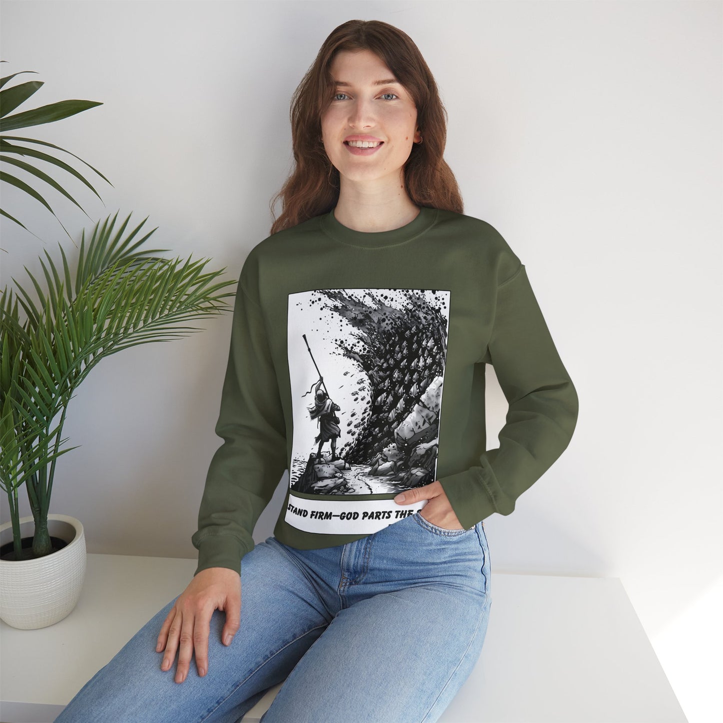 Red Sea (Staff Raised) Sweater – Black & White Faith Ink Panel (Ex 14:14)