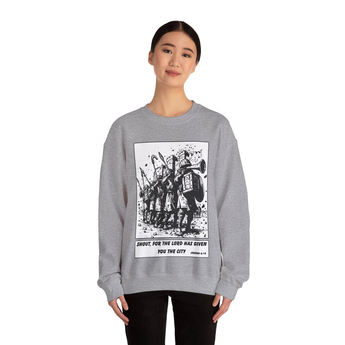 Jericho Sweater – Black & White Faith Ink Panel (Josh 6:16)