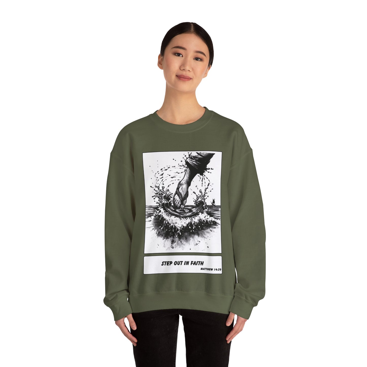Walking on Water Sweater – Black & White Faith Ink Panel (Matt 14:29)