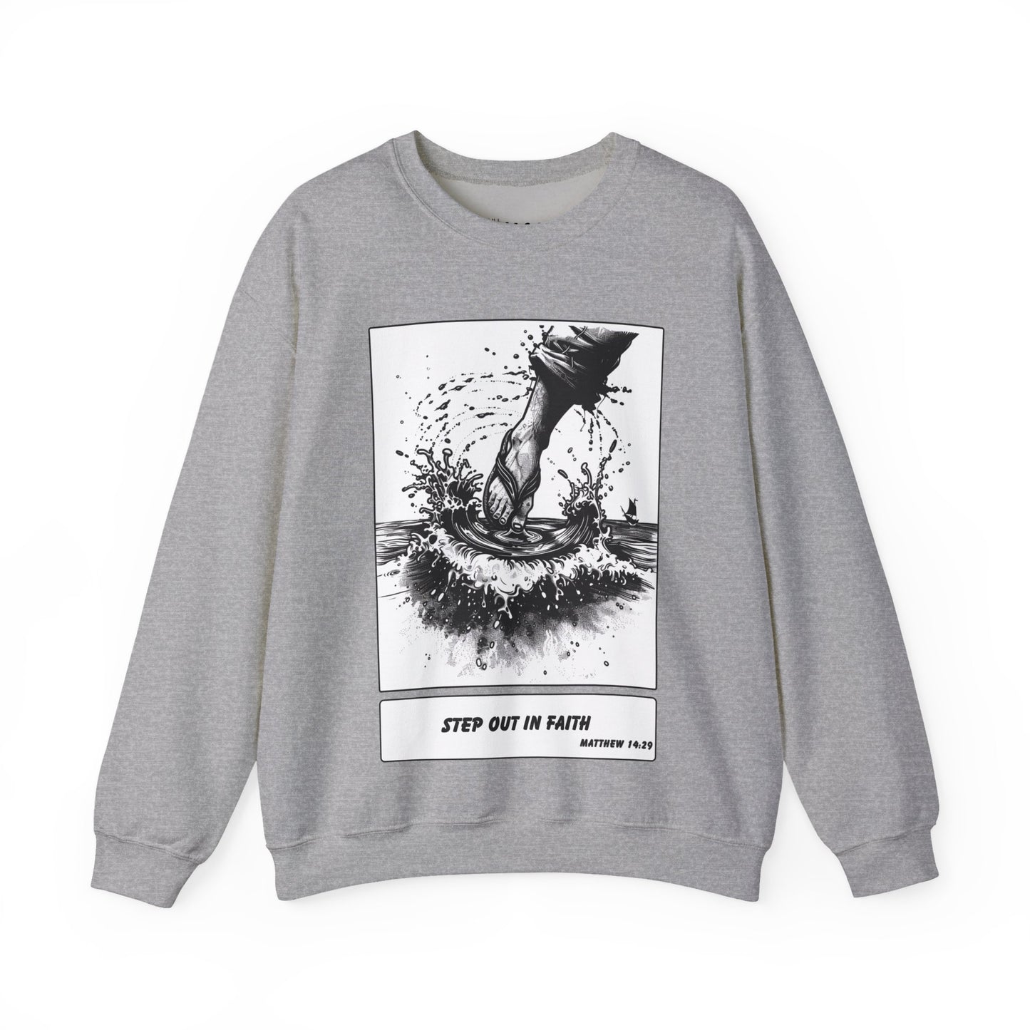 Walking on Water Sweater – Black & White Faith Ink Panel (Matt 14:29)