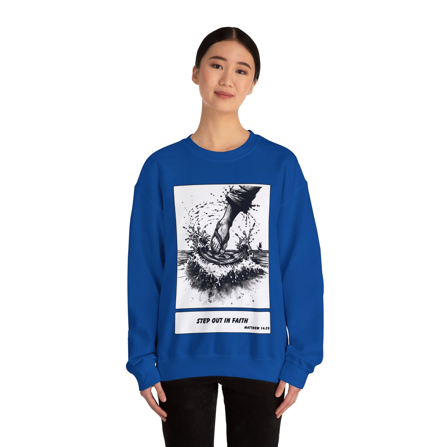 Walking on Water Sweater – Black & White Faith Ink Panel (Matt 14:29)