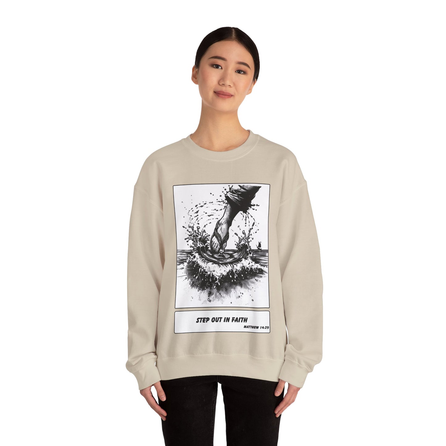 Walking on Water Sweater – Black & White Faith Ink Panel (Matt 14:29)