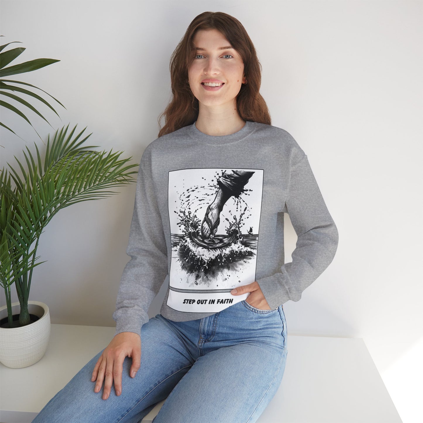 Walking on Water Sweater – Black & White Faith Ink Panel (Matt 14:29)