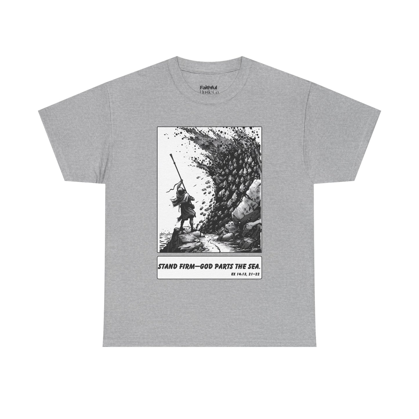 Moses & The Red Sea Staff Raised Tee – Black & White Faith Ink Panel (Ex 14:14)