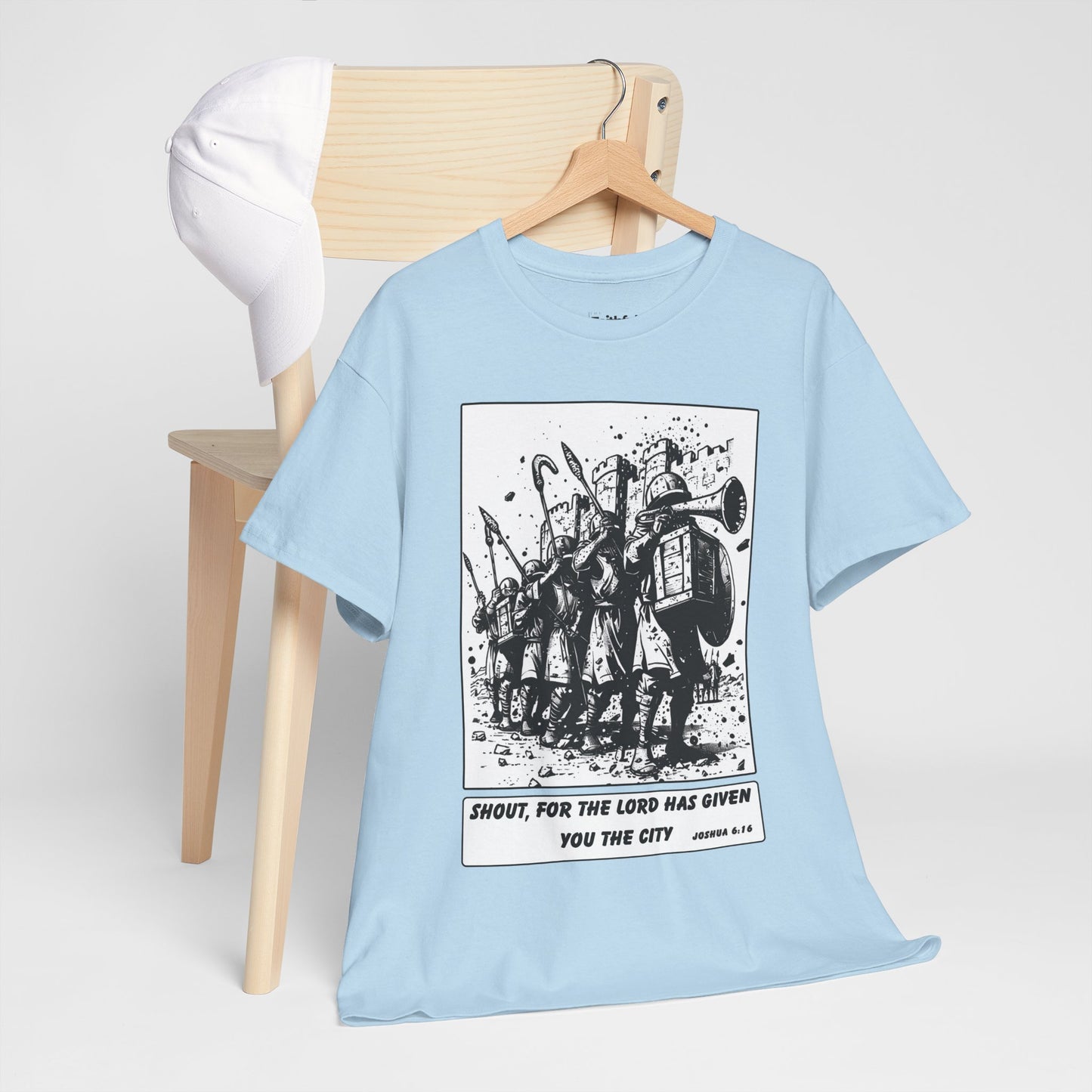 Jericho Trumpets T-Shirt – Black & White Faith Ink Panel (Josh 6:16)