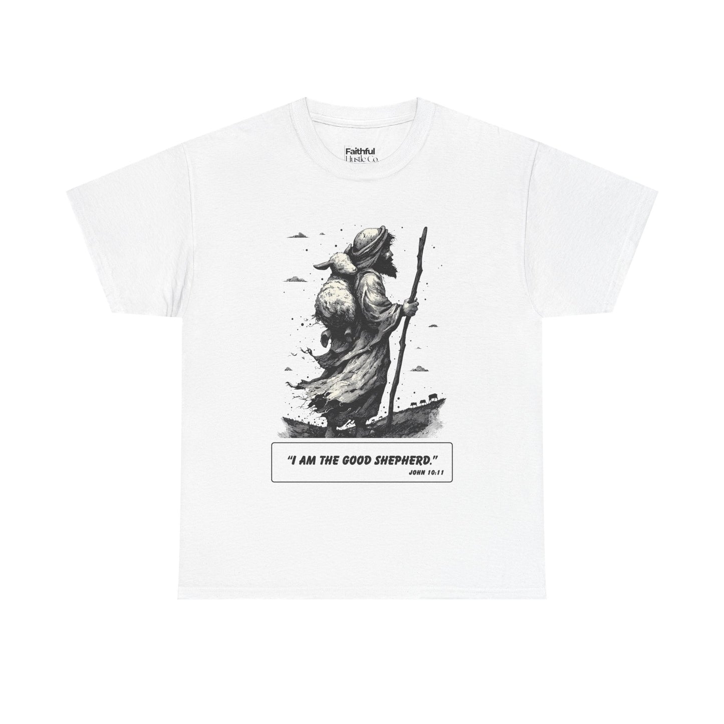 Good Shepherd Tee – Black & White Faith Ink Panel (John 10:11)