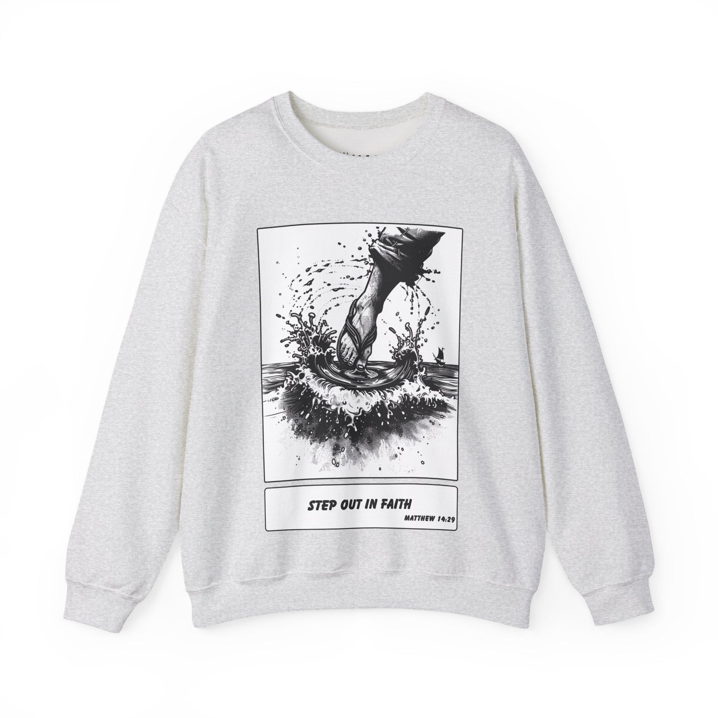 Walking on Water Sweater – Black & White Faith Ink Panel (Matt 14:29)