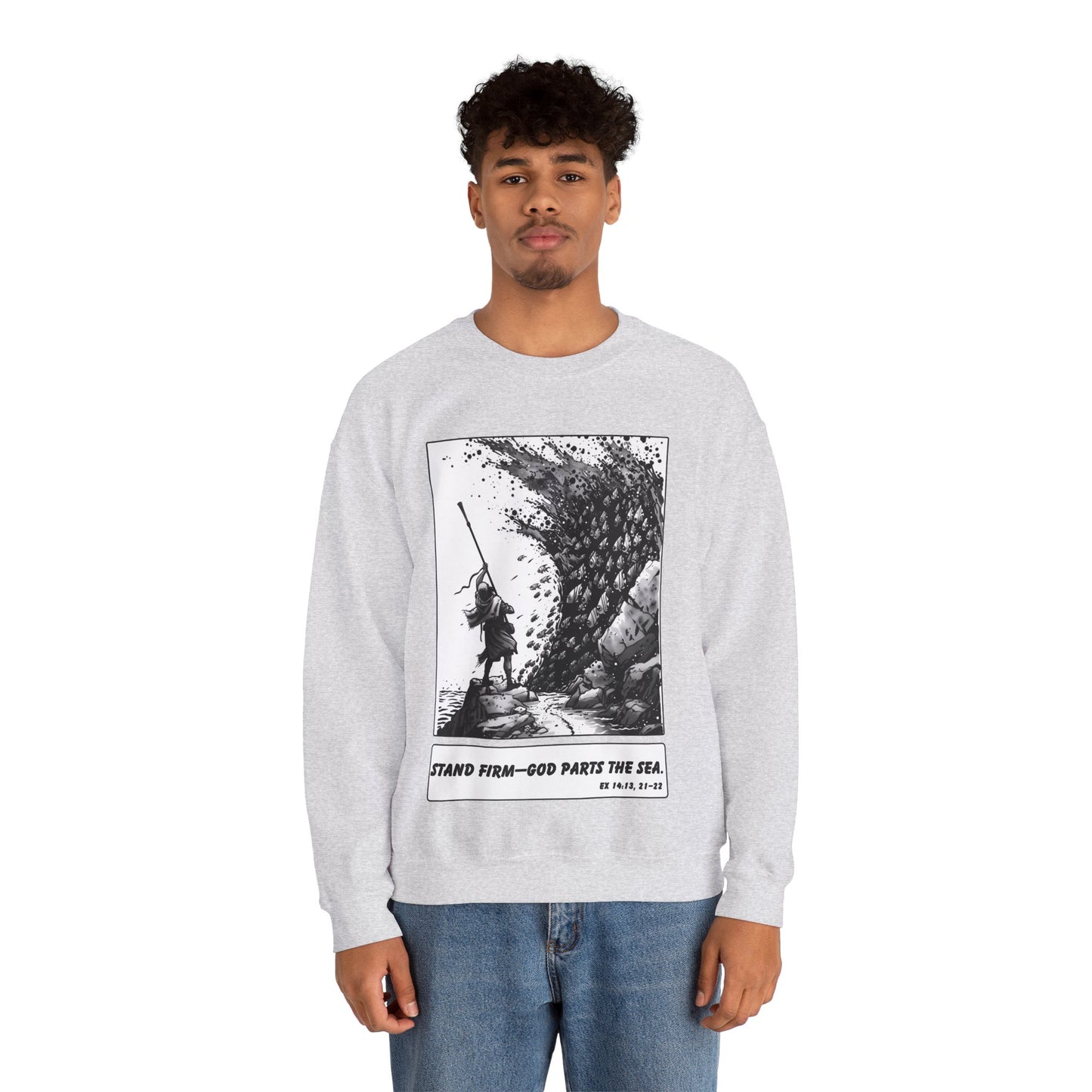 Red Sea (Staff Raised) Sweater – Black & White Faith Ink Panel (Ex 14:14)
