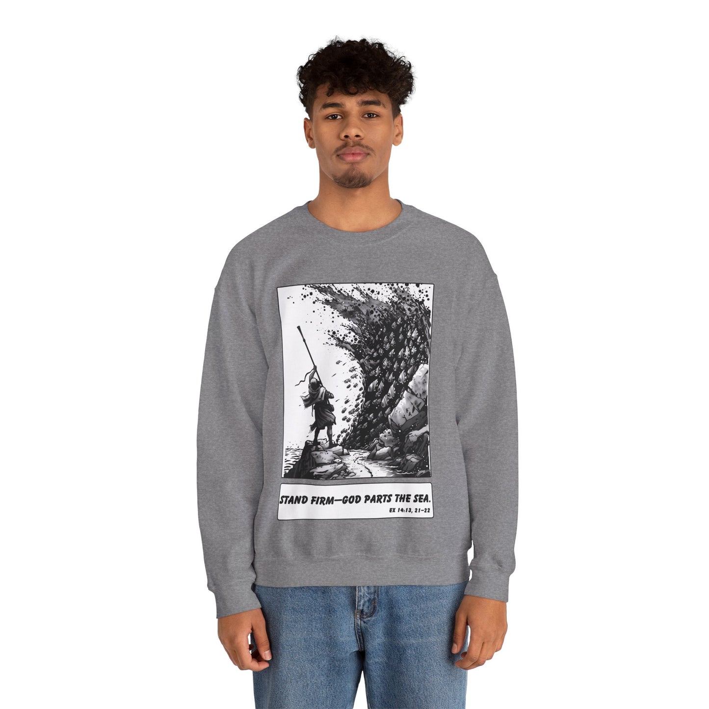 Red Sea (Staff Raised) Sweater – Black & White Faith Ink Panel (Ex 14:14)