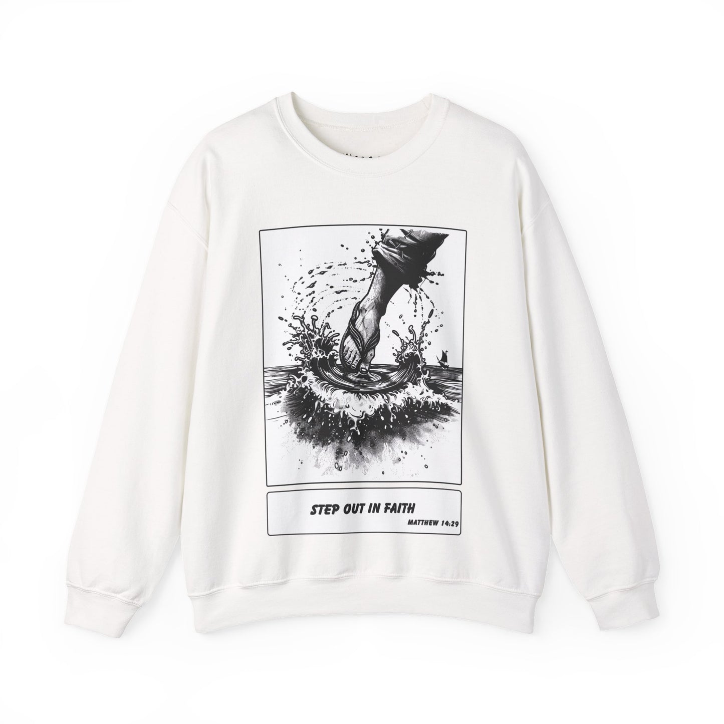 Walking on Water Sweater – Black & White Faith Ink Panel (Matt 14:29)