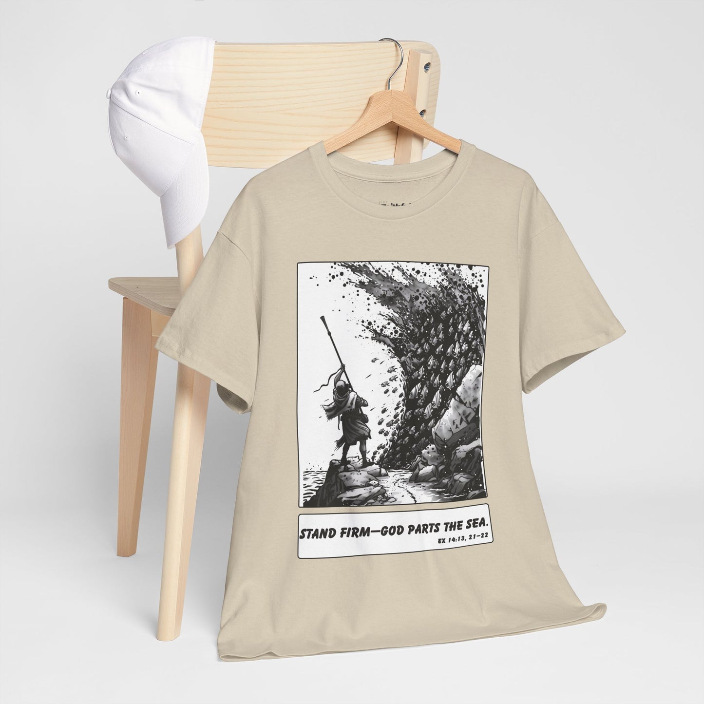 Moses & The Red Sea Staff Raised Tee – Black & White Faith Ink Panel (Ex 14:14)