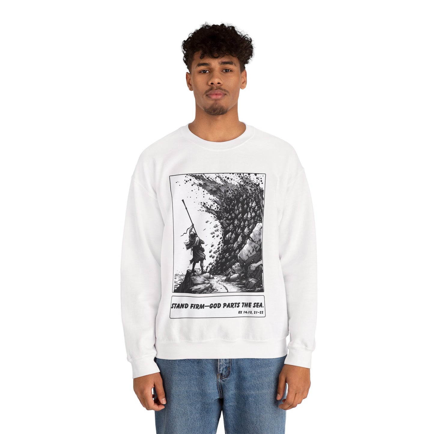Red Sea (Staff Raised) Sweater – Black & White Faith Ink Panel (Ex 14:14)