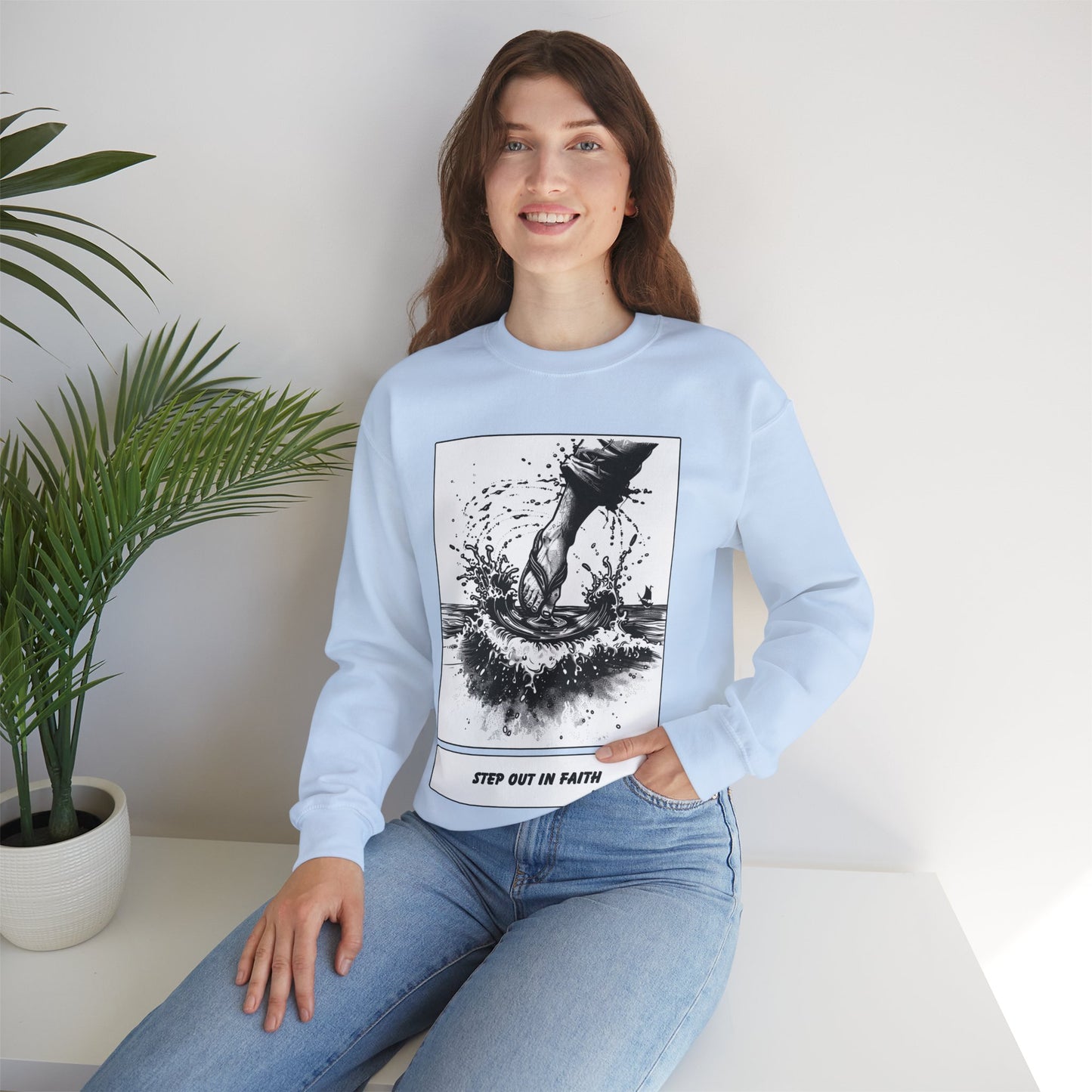 Walking on Water Sweater – Black & White Faith Ink Panel (Matt 14:29)