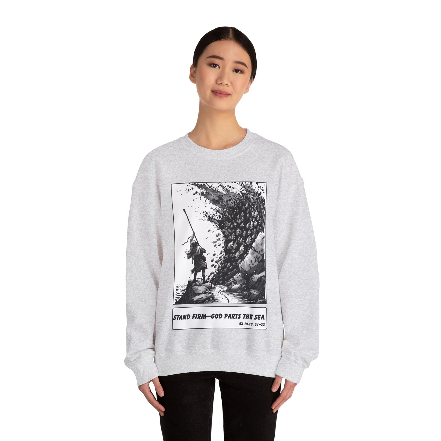 Red Sea (Staff Raised) Sweater – Black & White Faith Ink Panel (Ex 14:14)
