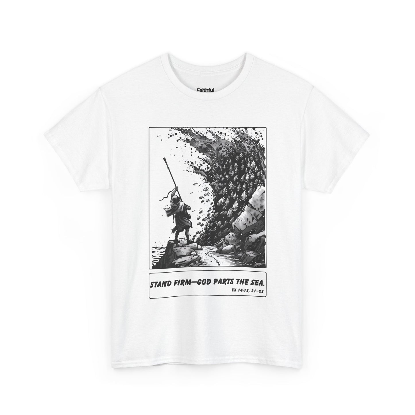 Moses & The Red Sea Staff Raised Tee – Black & White Faith Ink Panel (Ex 14:14)