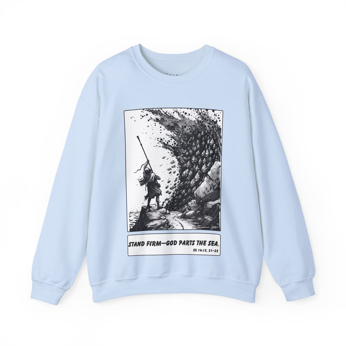 Red Sea (Staff Raised) Sweater – Black & White Faith Ink Panel (Ex 14:14)