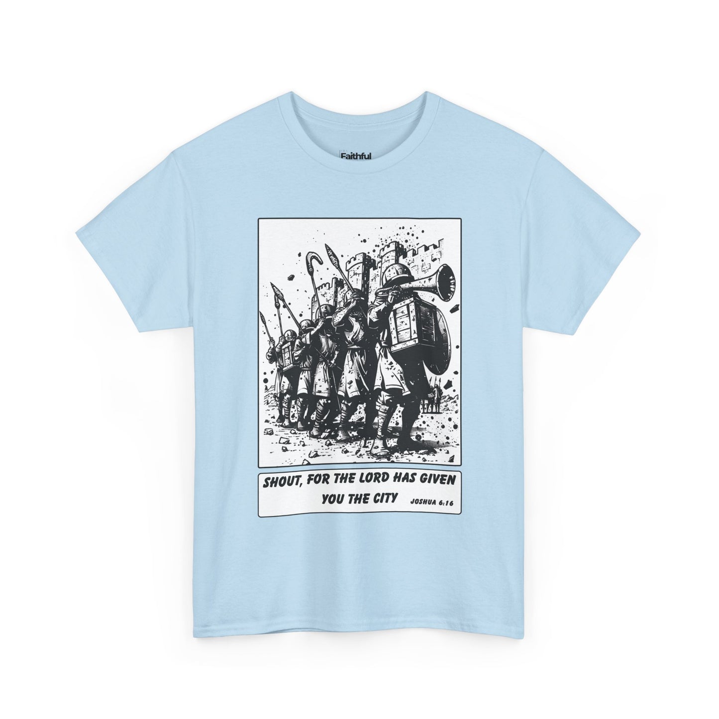 Jericho Trumpets T-Shirt – Black & White Faith Ink Panel (Josh 6:16)