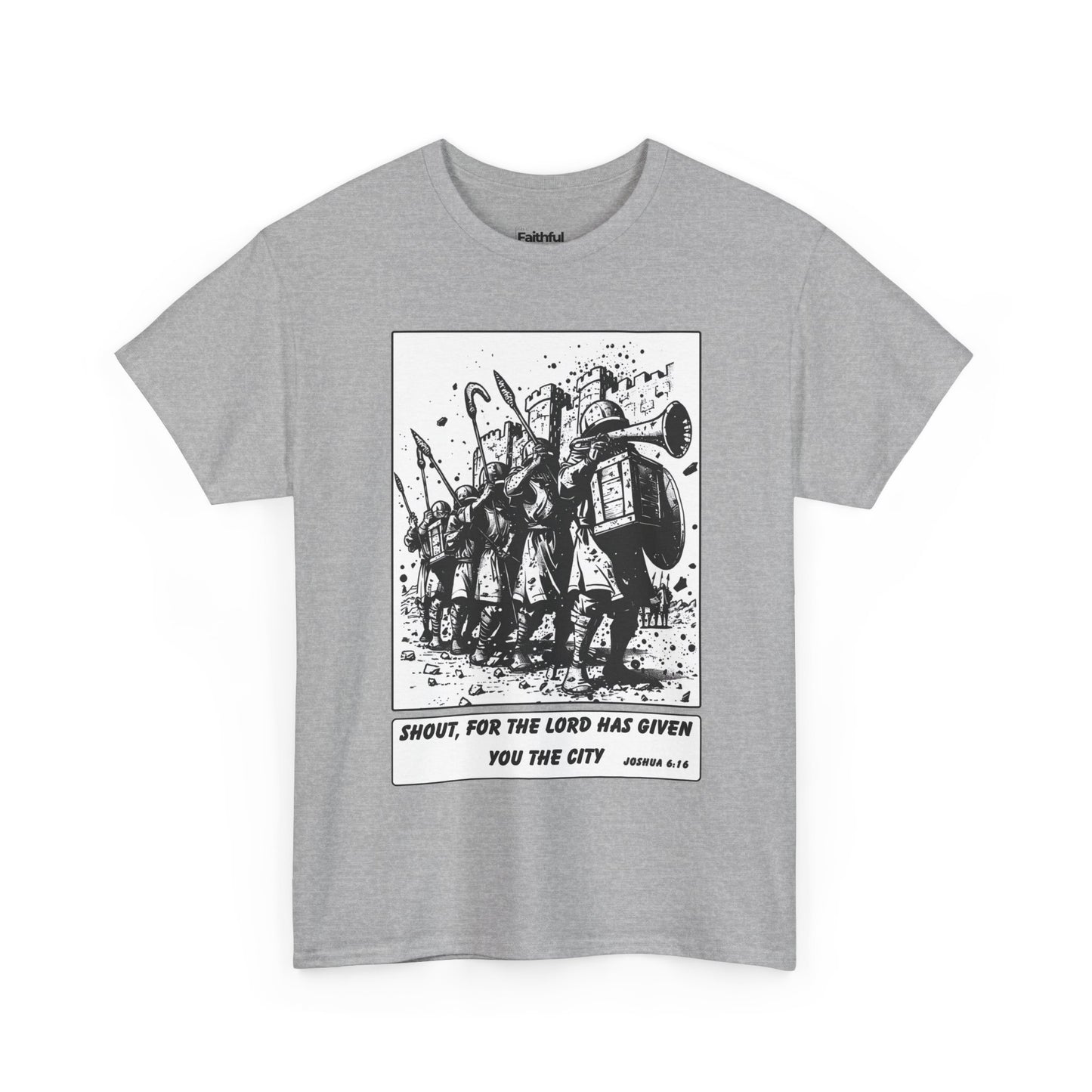 Jericho Trumpets T-Shirt – Black & White Faith Ink Panel (Josh 6:16)