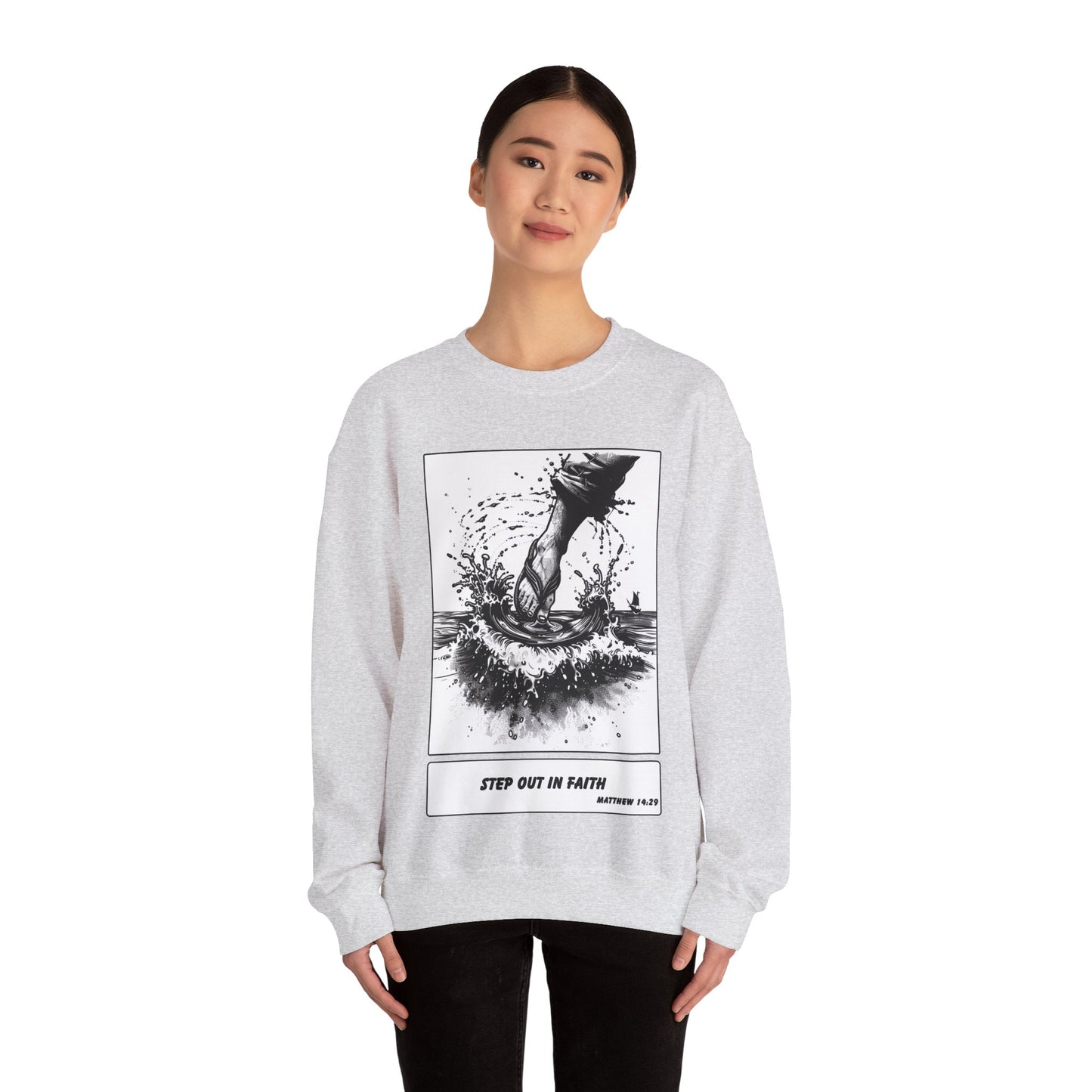 Walking on Water Sweater – Black & White Faith Ink Panel (Matt 14:29)