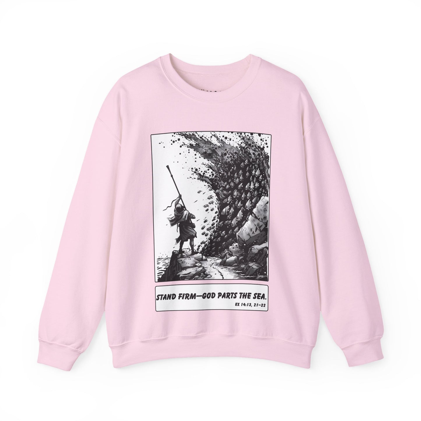Red Sea (Staff Raised) Sweater – Black & White Faith Ink Panel (Ex 14:14)