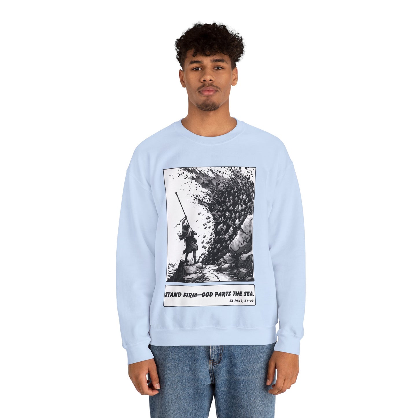 Red Sea (Staff Raised) Sweater – Black & White Faith Ink Panel (Ex 14:14)