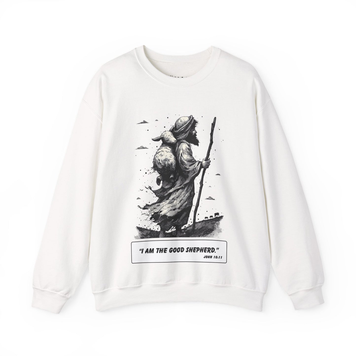 Good Shepherd Sweater – Black & White Faith Ink Panel (John 10:11)