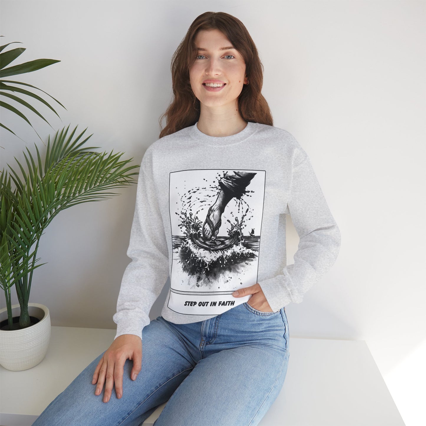 Walking on Water Sweater – Black & White Faith Ink Panel (Matt 14:29)