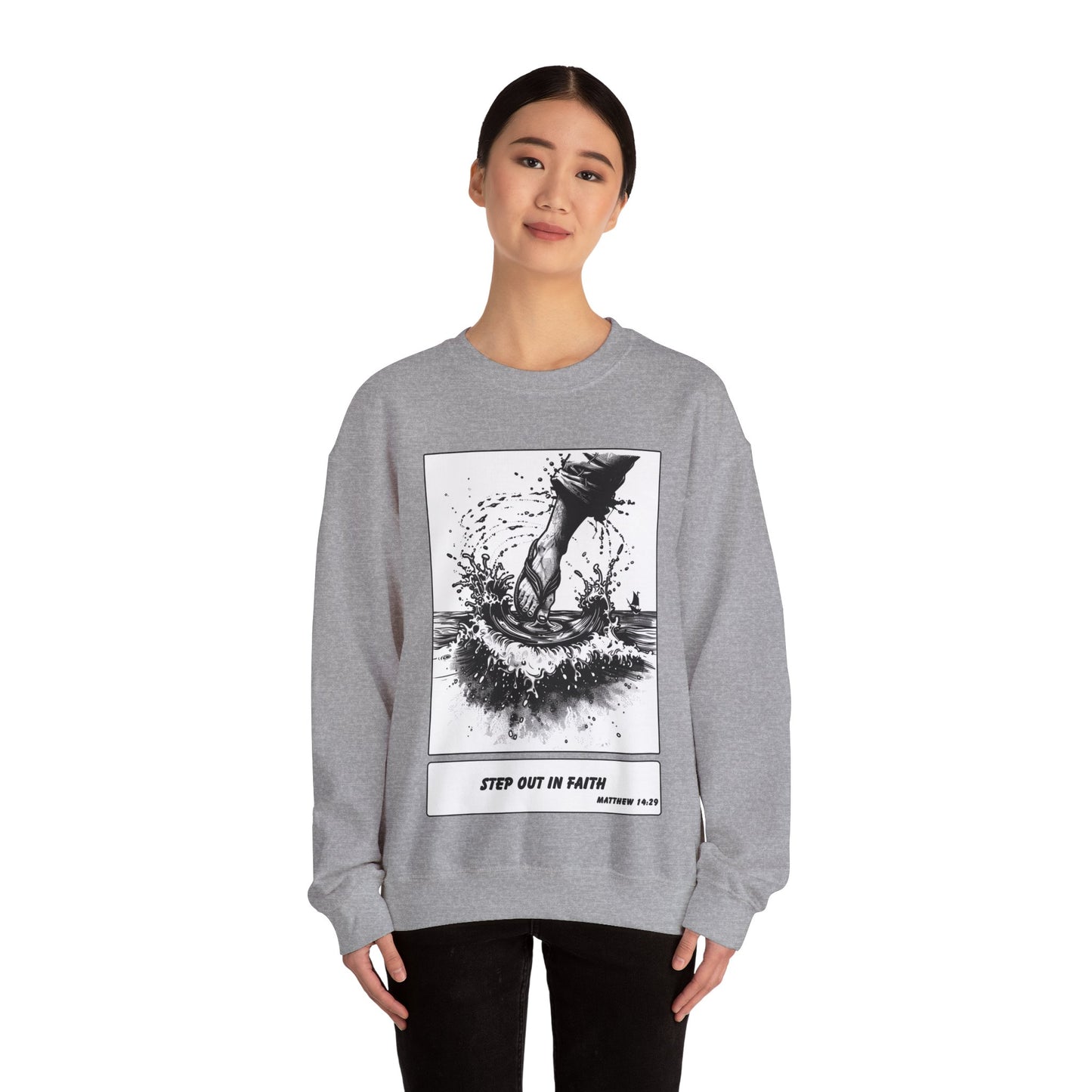 Walking on Water Sweater – Black & White Faith Ink Panel (Matt 14:29)