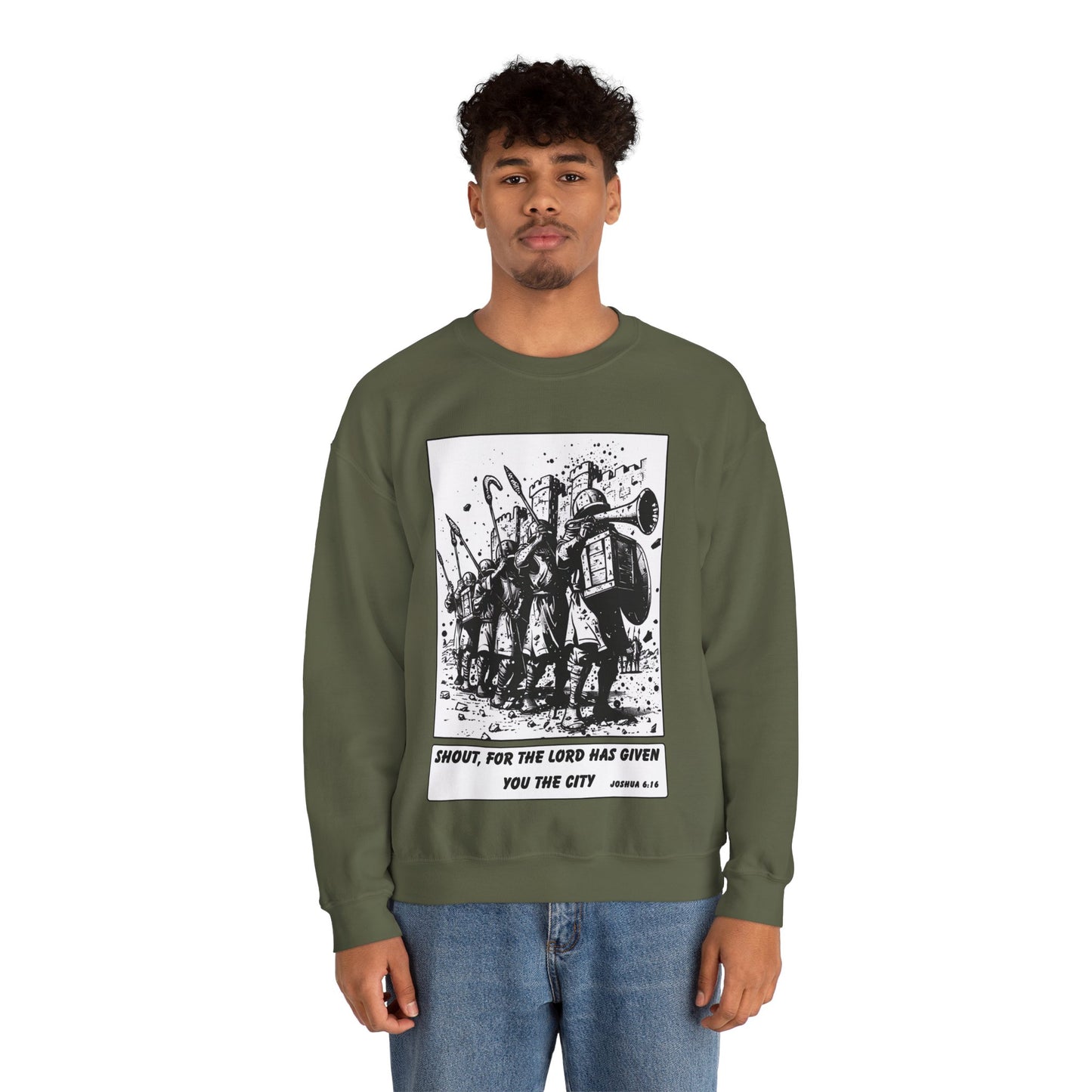 Jericho Sweater – Black & White Faith Ink Panel (Josh 6:16)