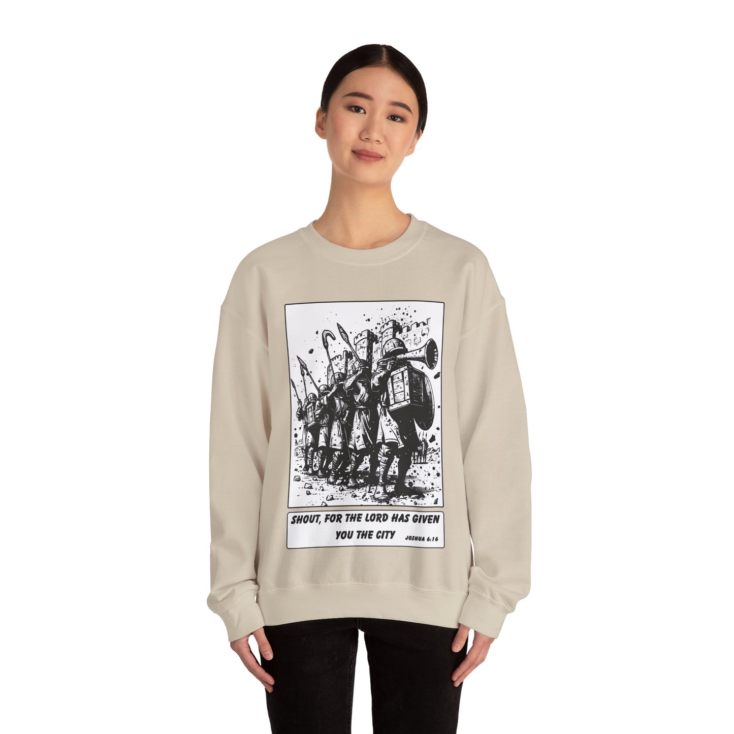 Jericho Sweater – Black & White Faith Ink Panel (Josh 6:16)