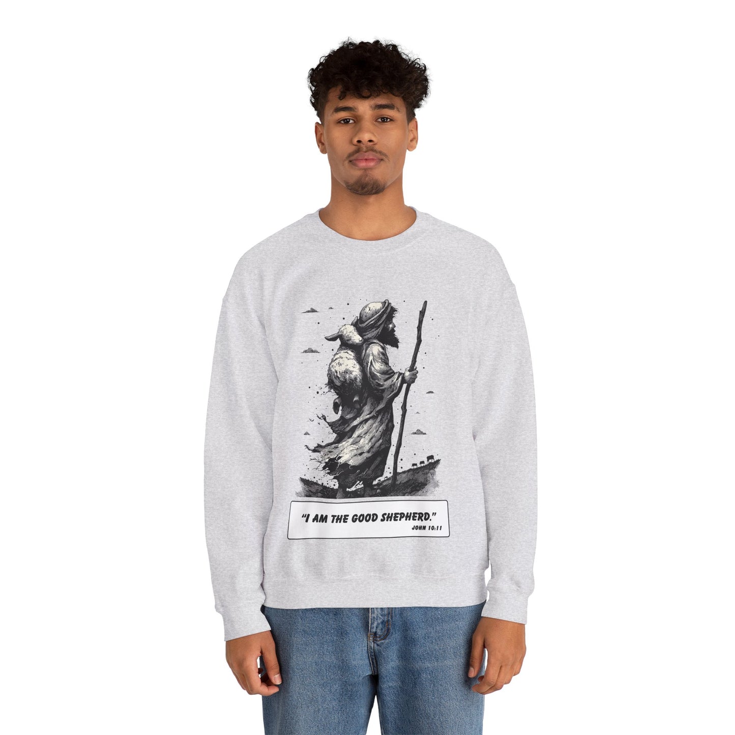 Good Shepherd Sweater – Black & White Faith Ink Panel (John 10:11)