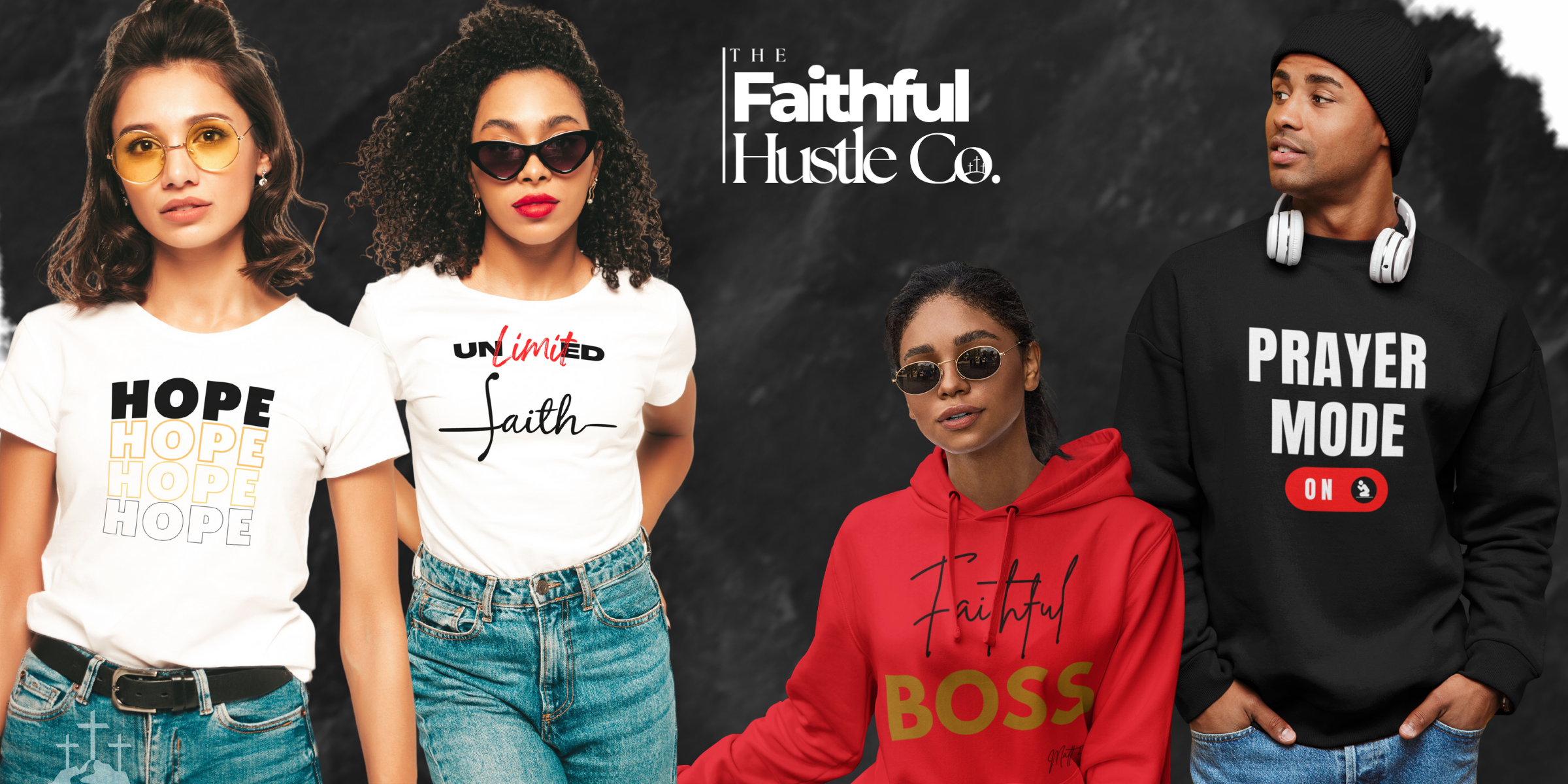 Faithful Hustle Co. hero banner with monochrome apparel and red accents.